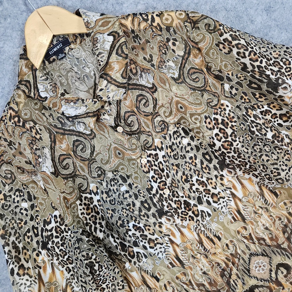 Elementz Leopard/Abstract Print Button Down Shirt Blouse‎ Women's Size XL Sheer